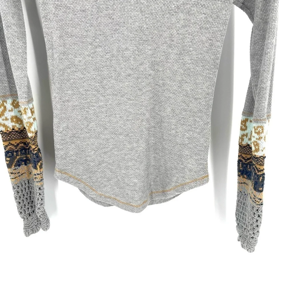 Free People In The Mix Cuff Crochet Long Sleeve Crewneck Top in Heather Grey